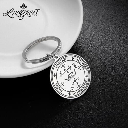 LIKGREAT Stainless Steel Solomon Key Chain for Women Men Michael Seal of Archangel Pendant Key Ring Keychain Jewelry llavero