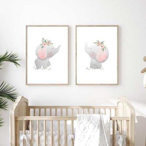 Cute Cartoon Animal Decorative Picture Baby Elephant Childrens Room Kindergarten Canvas Painting Wall Art Kids Room Decor