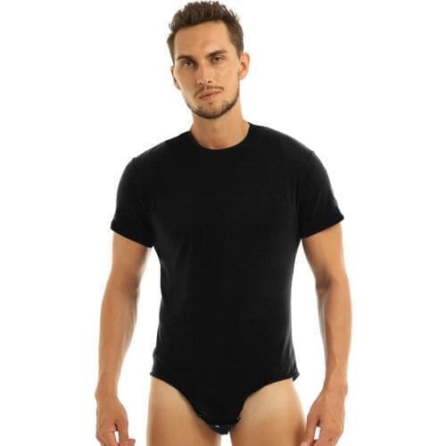 Mens Sexy One Piece Bodysuit Round Neck Lingerie Short Sleeves Press Crotch T-shirt Bodysuit Romper Stretch Adult Males Pajamas
