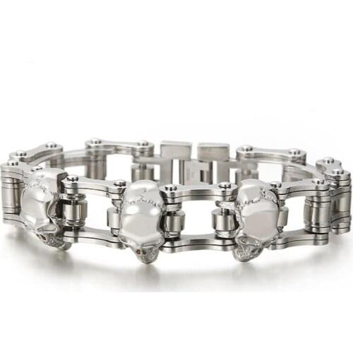 Mens Bracelet Personalized Titanium Steel Bicycle Skull Bracelet Retro Trend Bicycle Mens Chain silver 16mm 23cm