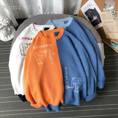 Sweater Men Harajuku Knitted Cartoon Streetwear Autumn Winter Round Neck Pullover For Men Embroidery Pattern Casual Male Sweater