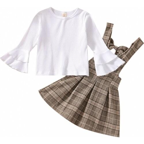 New 2Pcs Toddler Girls Fall Outfits, Long Bell Sleeve Rib Knit Tops + Plaid Suspender Skirt Set