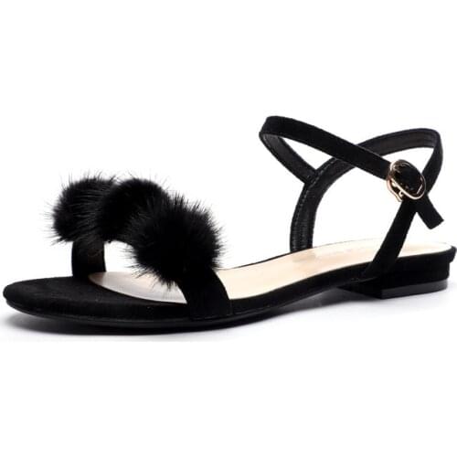 New outdoor Sandals Roman sandals Buckle Strap Round Toe Flock 1-3CM Flat Toe Comfy Soft Ladies Sandals women shoes size 35-42