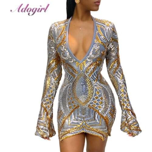 Sexy sheer mesh patchwork sequin bodycon mini dress casual deep v neck flare long sleeve night party club dress outfit vestidos