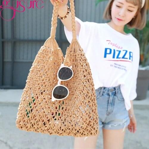 Gusure Vintage Straw Bag Women Handbags Wicker Woven Hollow Lady Large Shoulder Totes Casual Summer Beach Travel Purses Bag