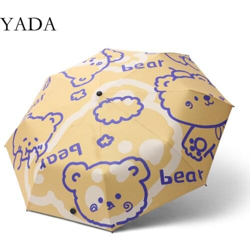 YADA New Fashion Hand-Painted Bear 3-Folding Umbrella For Women UV Rainproof Umbrella Parasol Rain Sun Light Umbrellas YD200225