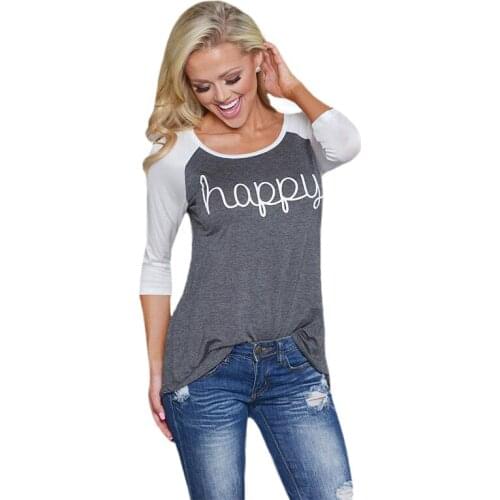 Febelle Women T Shirt Casual Happy Letter Printed T- Shirt Grey White Patchwork Long Sleeve Tops Tees Spring Autumn #80884