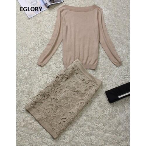 2020 Autumn Winter Fashion Swater Suits & Sets Women Knitted Tops+Hollow Out Embroidery Midi Skirt Sets Female 2 Piece Sets