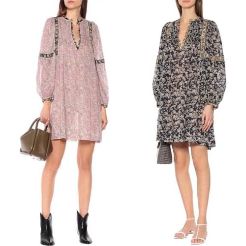 100% Cotton Women V-Neck Pleated Mini Dress 2021 Spring Summer Long Lantern Sleeve Classic Floral Print Loose Short Dresses