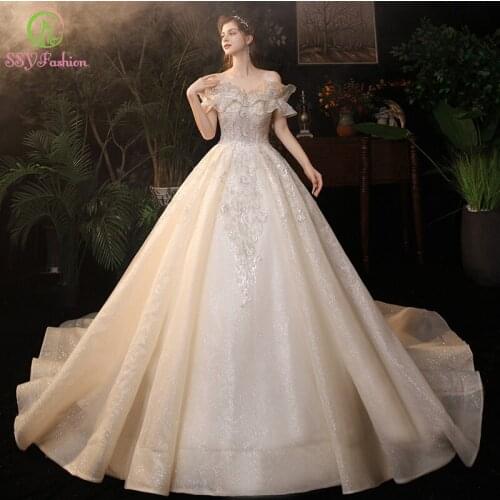 SSYFashion New Luxury Champagne Wedding Dress Bride Grace Boat Neck A-line Shining Seuqins Long Wedding Gown Vestido De Noiva