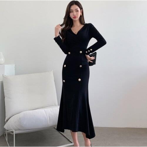 Designer Elegant Double Breasted Knitted Mermaid Dress Women Autumn Office Wear Occupation Work Bodycon Long Dresses Vestidos