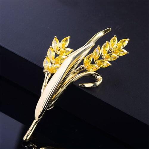 Sparkling Yellow Zircon Crystal Gold Brooch Pin Fashion Leaves Pins Wheat Ears Brooches For Women Accessories Broche Jewelry
