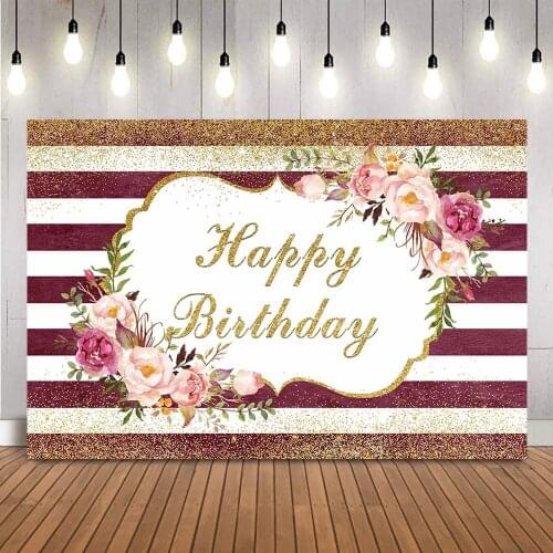 Gold Glitter Theme Party Decoration Wine red Womens Birthday Background Adult Portrait Photo Background Floral Backgrounds