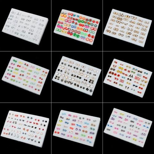 36Pairs Randomly Mixed Silver Color Women Butterfly Bowknot Flower Heart Small Plastic Stud Earrings Sets For Girl Jewelry Part
