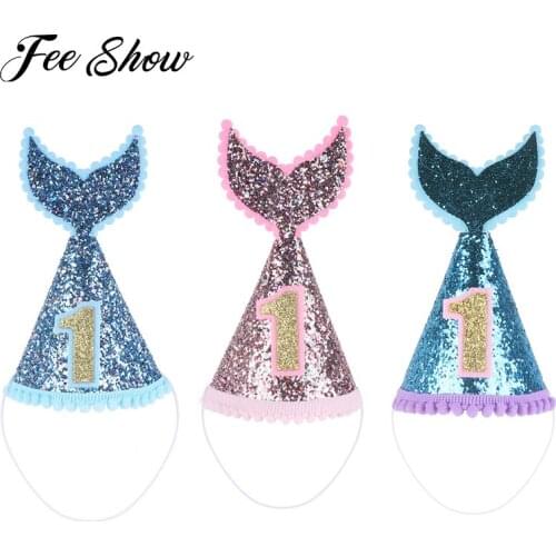 Infant Baby Boys Girls Shiny Mermaid Tail 1st Birthday Cone Hat Glittery Sparkly Mermaid Tail Princess Cone Hats for Birthday
