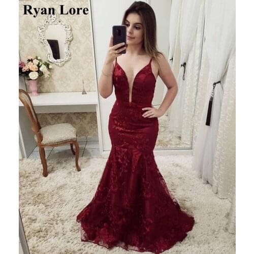 Burgundy Mermaid Formal Prom Dresses 2020 Wine Red Long Evening Gowns Elegant Spaghetti Straps Appliques Vestidos robe de soiree
