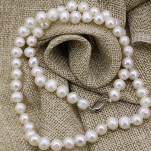 7-8mm natural white freshwater cultured pearl nearround beads necklace chain women party prom gifts charms jewelry 18inch B3225
