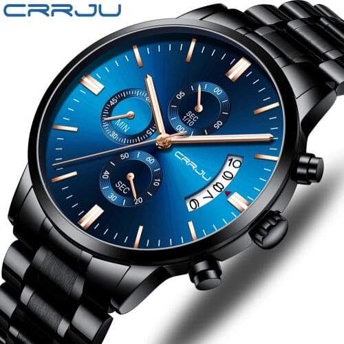 CRRJU Mens Watches Male Luminous Fashion Stainless Steel Waterproof Clock Chronograph High Quality Relogio Masculino