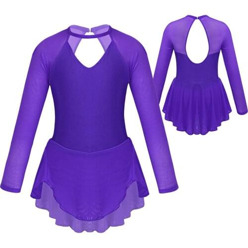 6-14 Years Kids Girls Sheer Long Sleeves Tulle Splice Cutouts Back Figure Ice Skating Roller Skating Ballet Dance Leotard Dress