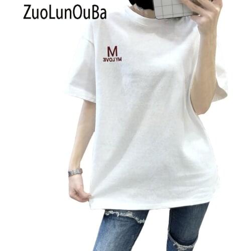 ZuoLunOuBa Summer Simple T Shirt Womens Clothes White Letter Print Harajuku Short Sleeve O Neck Tees Tops