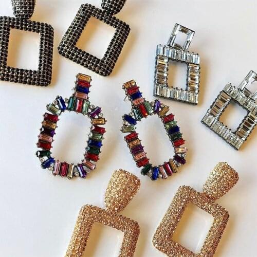 JUJIA Vintage Trendy Bohemian Dangle Earrings Crystal Big Square Drop Earrings For Women Multicolored Shiny Party Gift Jewelry