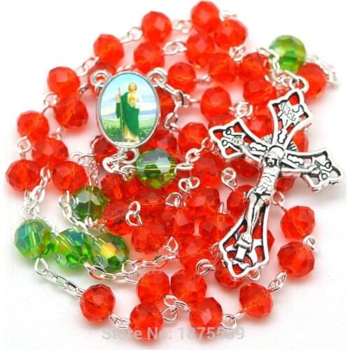 Catholic Saint Jude Rosary Necklace Green Faceted Father Bead Red Flat Crystal Bead