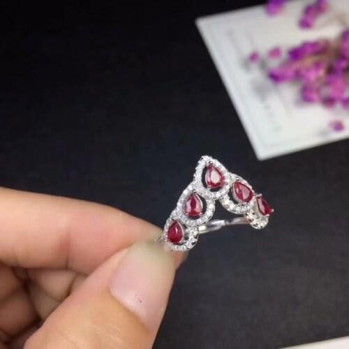 Natural red ruby gem Ring S925 Silver Natural gemstone Ring fashion Lovely Water drop rhombic girl Women party gift fine Jewelry