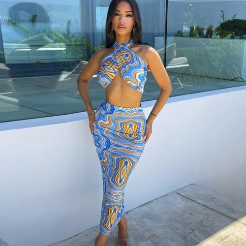 Summer Women Fashion Tie-dye Sexy Halter T-shirt High Waist Bag Hip Mid-Length Skirt Two Piece Set