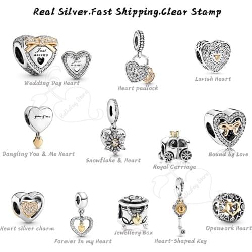 Real 925 Silver Beads Heart Charms Snowflake Dangles Fits Original Bracelets Necklaces Bangles Women DIY Jewelry Making Gifts