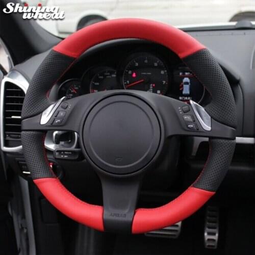 Shining wheat Black Red Genuine Leather Car Steering Wheel Cover for Porsche Cayenne Panamera 2010- 2011