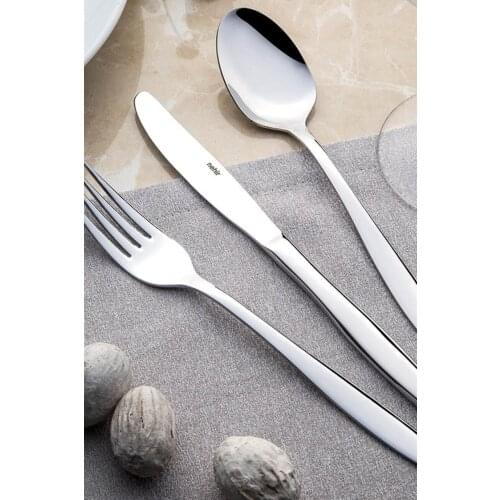 Nehir Sahra Plain 36 Piece Large Family Set Dinnerware Stainless Steel Flatware Set Shiny Polishing Mirror Silver Cutlery Set
