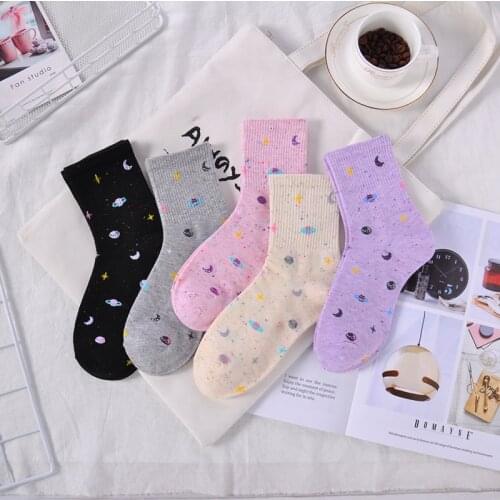 2021 New Planet Starry Sky Point Yarn Socks For Women Harajuku Creative Moon Stars Print Funny Womens Socks Cute Femme Sokken