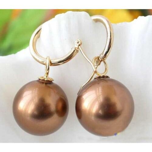 New Favorite Pearl Jewelry 16mm Coffee Round South Sea Shell Pearl 14k/20 Gold Dangle Earrings Birthday Party For Lady Gift
