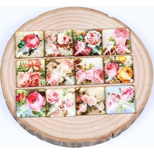 Onwear 20pcs square rose photo pendant glass cabochon 25mm 20mm diy fflat back handmade jewelry making findings