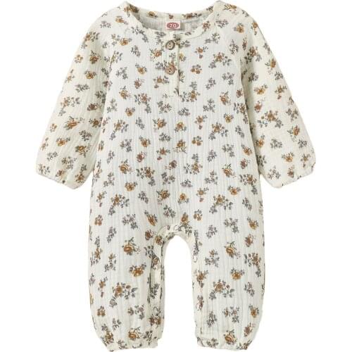 Baby Girls Casual Romper Cotton+Linen Floral Printed Pattern Round Collar Long Sleeve 0-18M Beige Pink Lovely Stylish Daily Wear