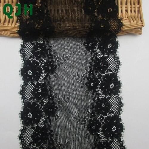QJH 20cm Width Soft Black Eyelashes Flower Embroidery Exquisite Lace Trim For Wedding Dress&Underwear Decoration Accessories
