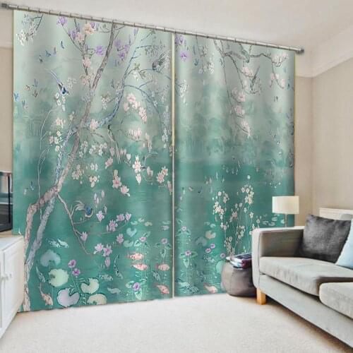 Luxury Blackout 3D Curtains For Living room Bedding room Office green flower and birds curtains Decoration curtains