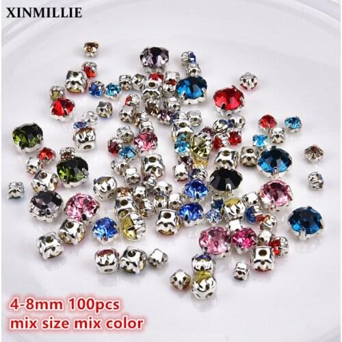 SS16-SS38 (4-8mm) mix size 100pcs/lot Silver Base colorful Crystal Sew On Rhinestones Flatback Claw Rhinestones For DIY Garment