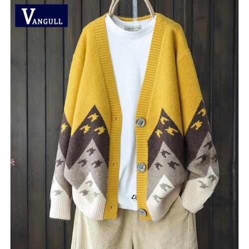 Vangull Animal Print Knitted Women Sweater Cardigans Single Breasted Long Sleeve Cardigans Loose Paper Crane Pattern Sweater