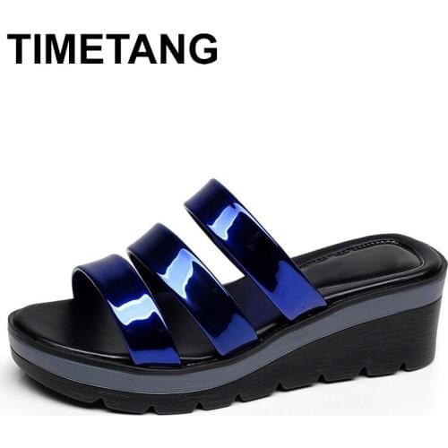 TIMETANGQuality Patent Leather Wedges Slides Women Shoes Summer Platform Slippers 2019 Elegant Woman Plus Size35-42E1273
