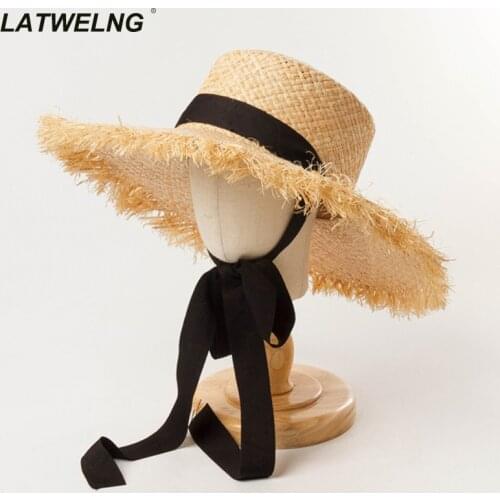 Fashion Ribbon Girl Sun Hat 52cm Head Size Kids Summer Beach Hats Women Raffia UV Hats 57 Head Size NH401