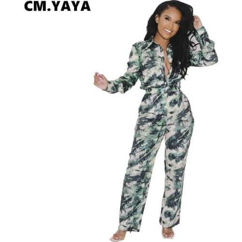 CM.YAYA Women Set Print Full Sleeve Single Breasted Tops Wide Leg Loose Pants Two 2 Piece Sets Fashion Casual Outfits Summer