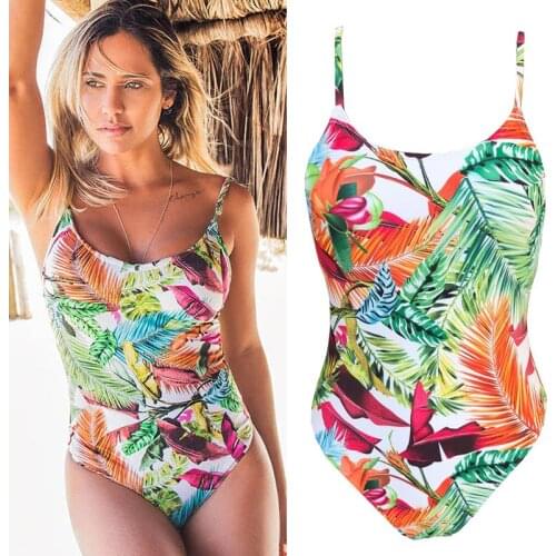 2019 Leaf Print Bikini Women One-piece Swimwear Bandage Swimsuit Sexy Halter Bodysuit Brazilian Monokini Maillot De Bain Femme