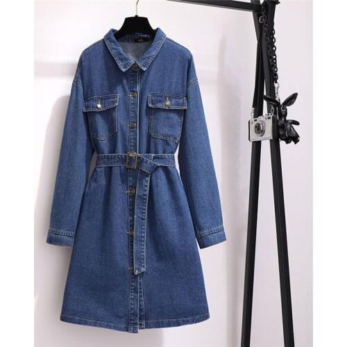 2019 Spring Autumn Women Dress Fashion A-Line Long Sleeve Casual Jeans Dress Single-breasted Denim Dresses Large Size 6XL M398