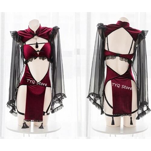 Punk Gothic Lace Sexy Exotic Lingerie for Women Cheongsam Temptation Evil Demon Open Crotch Cosplay Backless Dress Costumes