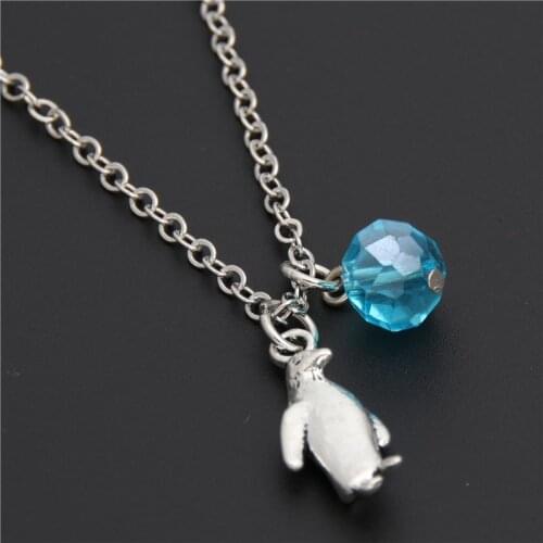 1pc Aquarium Arctic Penguin Charm Necklace With Blue Bead For Women Accessories Water Animal Lovers Gifts Winter Jewelry E2131