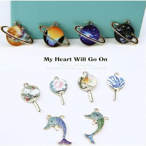 10pcs 2020 Popular Alloy Small Fresh Hand Fan Star Universe Dolphin Pendant Statement Earrings For Girls Diy Jewelry Accessories