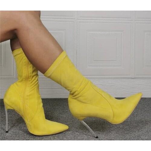Brand Design Women Fashion Pointed Toe Suede Leather Stiletto Metal Heel Short Boots Yellow Red Black Thin Heel Mid-calf Boots