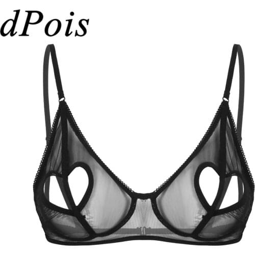 Womens Naughty See Through Sheer Mesh Lingerie Adjustable Spaghetti Shoulder Strap Heart Shape Hole Wire Free Unlined Bra Top