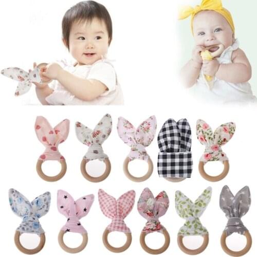 Handmade Wooden Natural Baby Teething Ring Chewie Teether Bunny Sensory Toy Gift Q1FE